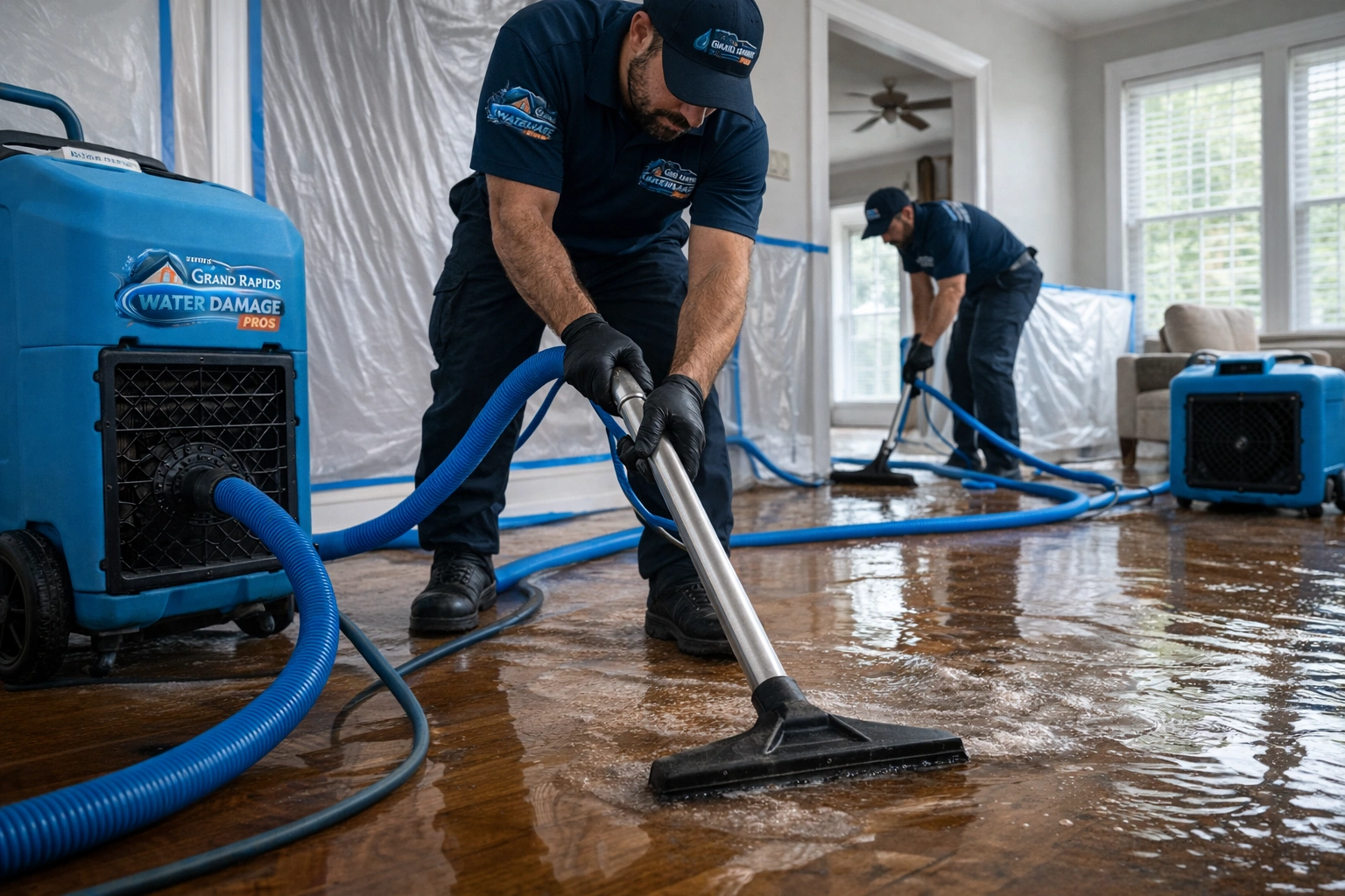 Water damage restoration technicians performing water extraction on flooded hardwood floor in Grand Rapids home
